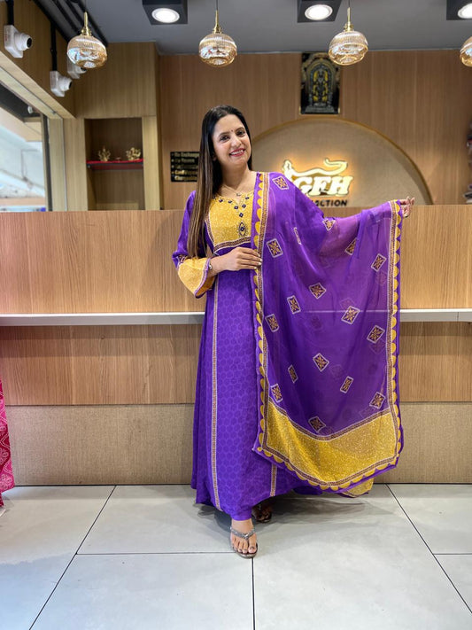 Pure Crep Purple Anarkali 3pc Set
