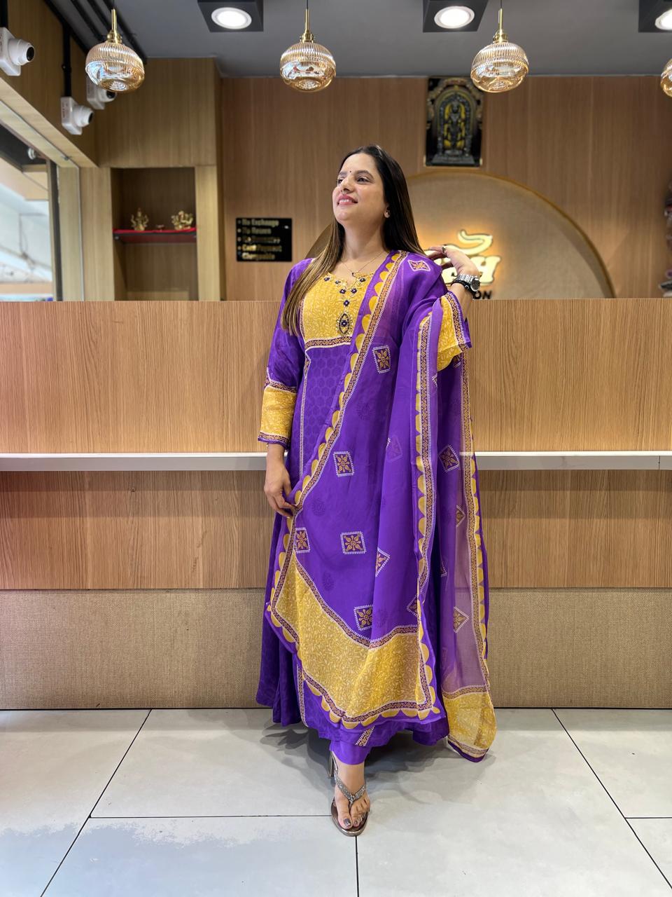 Pure Crep Purple Anarkali 3pc Set