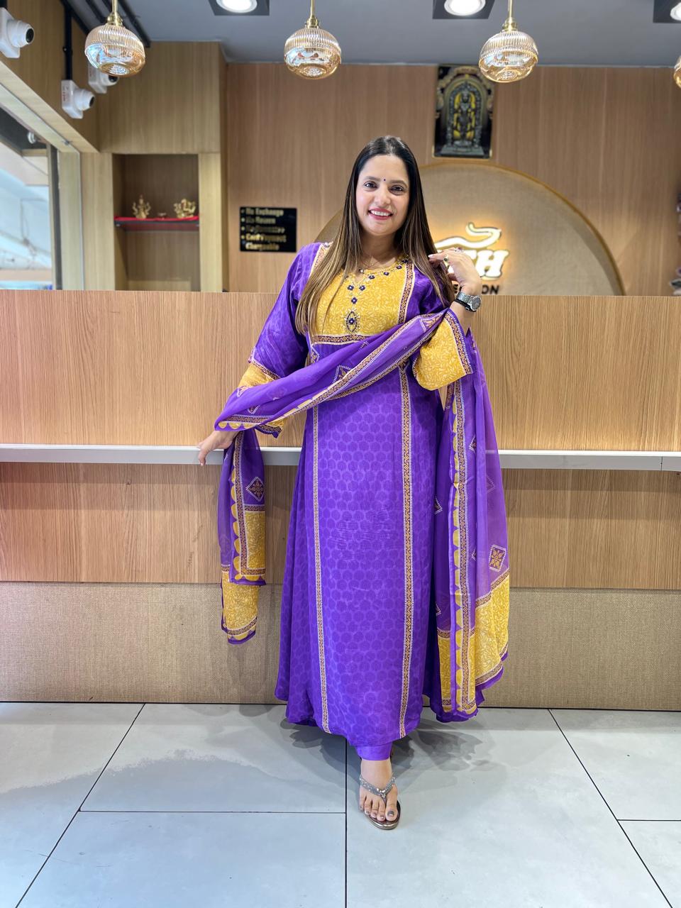 Pure Crep Purple Anarkali 3pc Set