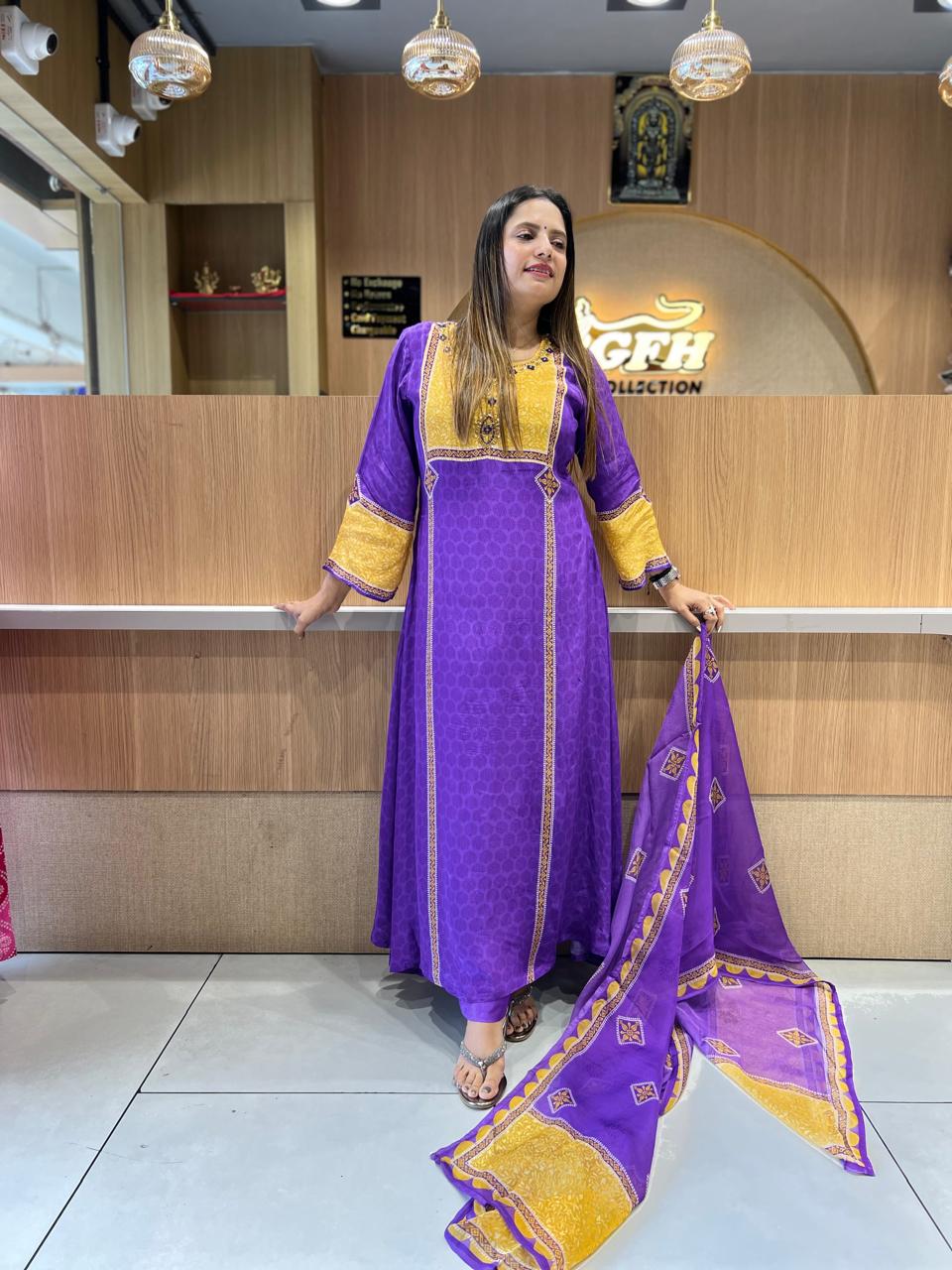 Pure Crep Purple Anarkali 3pc Set