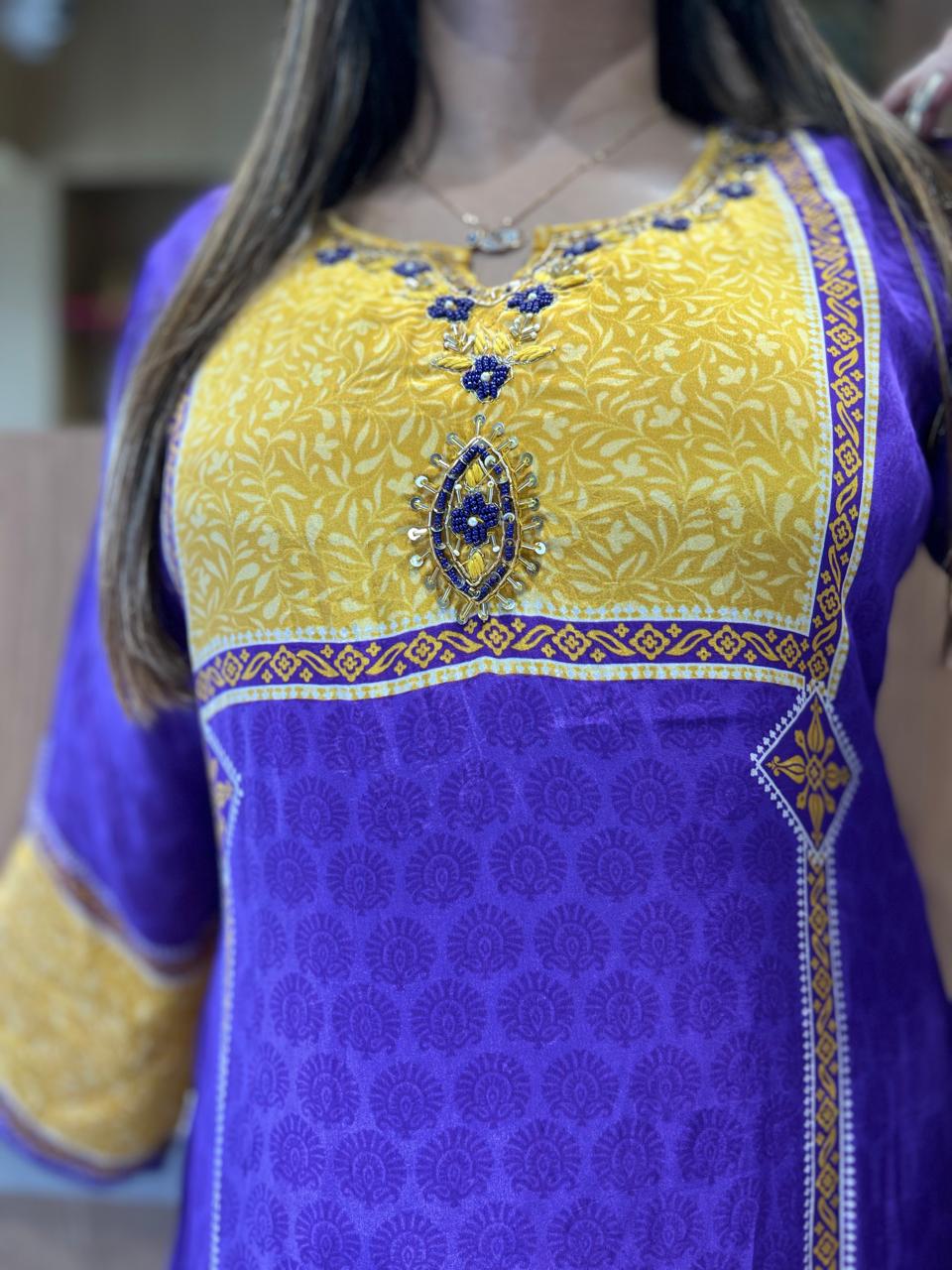 Pure Crep Purple Anarkali 3pc Set