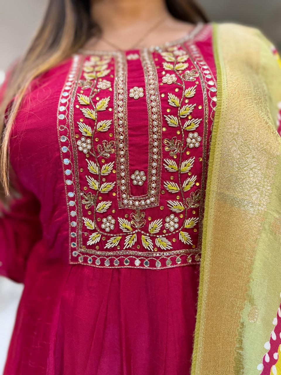 Pure Dola Silk Rani Pink Shoulder Anarkali 3pc Set