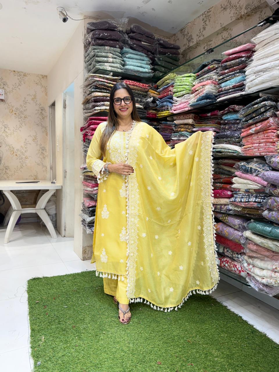 Pure Kota Doria Lemon Yellow 3pc Set