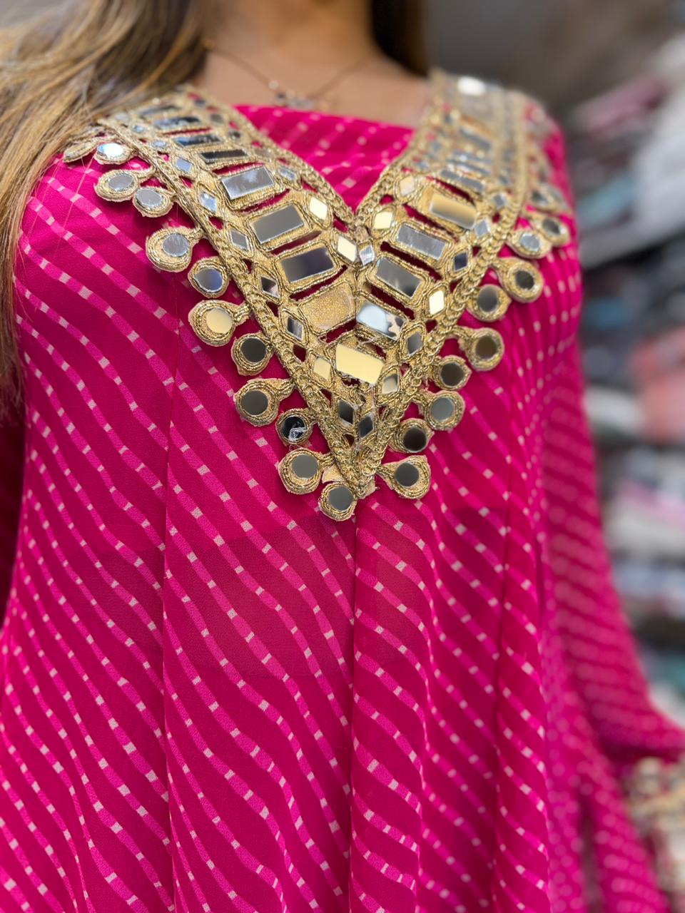 Pure Georgette Rani Pink Shoulder Anarkali 3pc Set