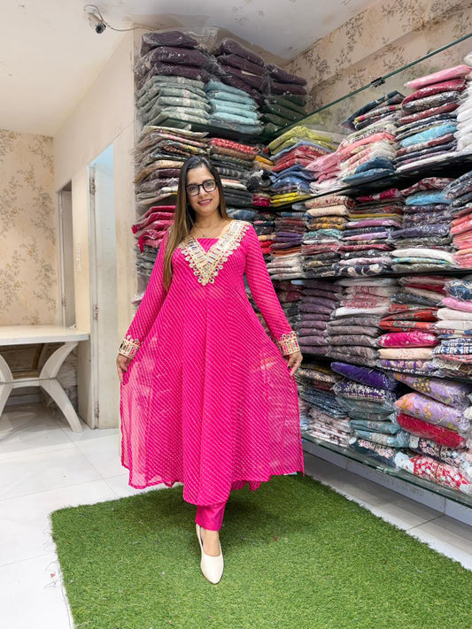 Pure Georgette Rani Pink Shoulder Anarkali 3pc Set
