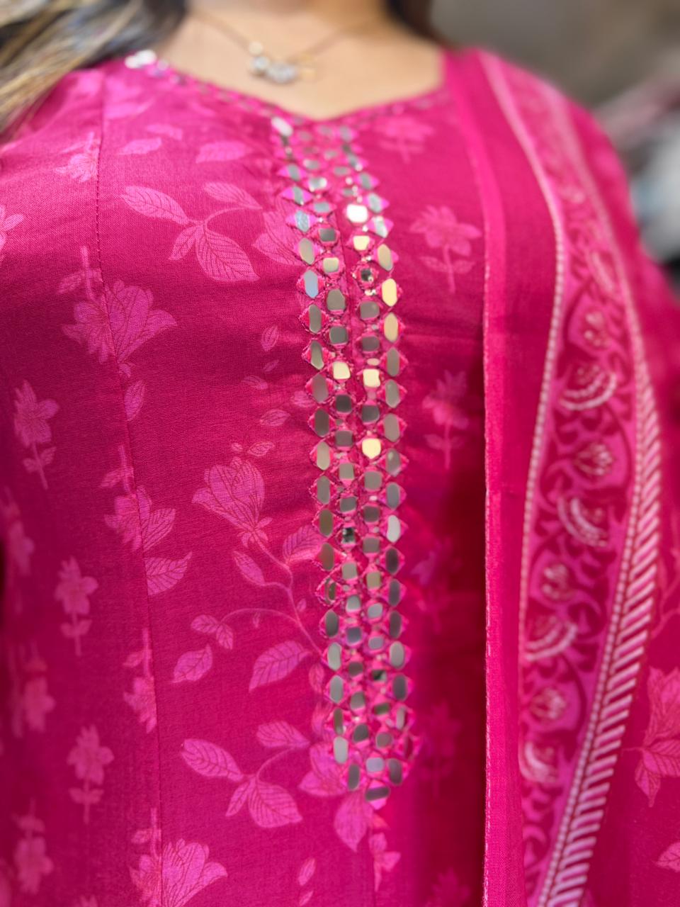 Pure Mull Cotton Rani Pink Shoulder Anarkali 3pc Set