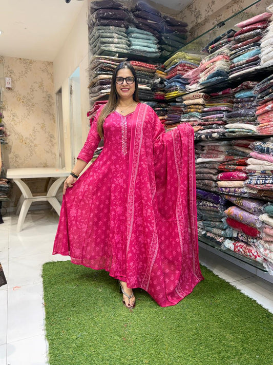Pure Mull Cotton Rani Pink Shoulder Anarkali 3pc Set