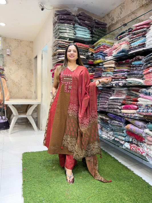 Pure Cotton Kutch INSPIRED Brown A-LINE 3 PC SET