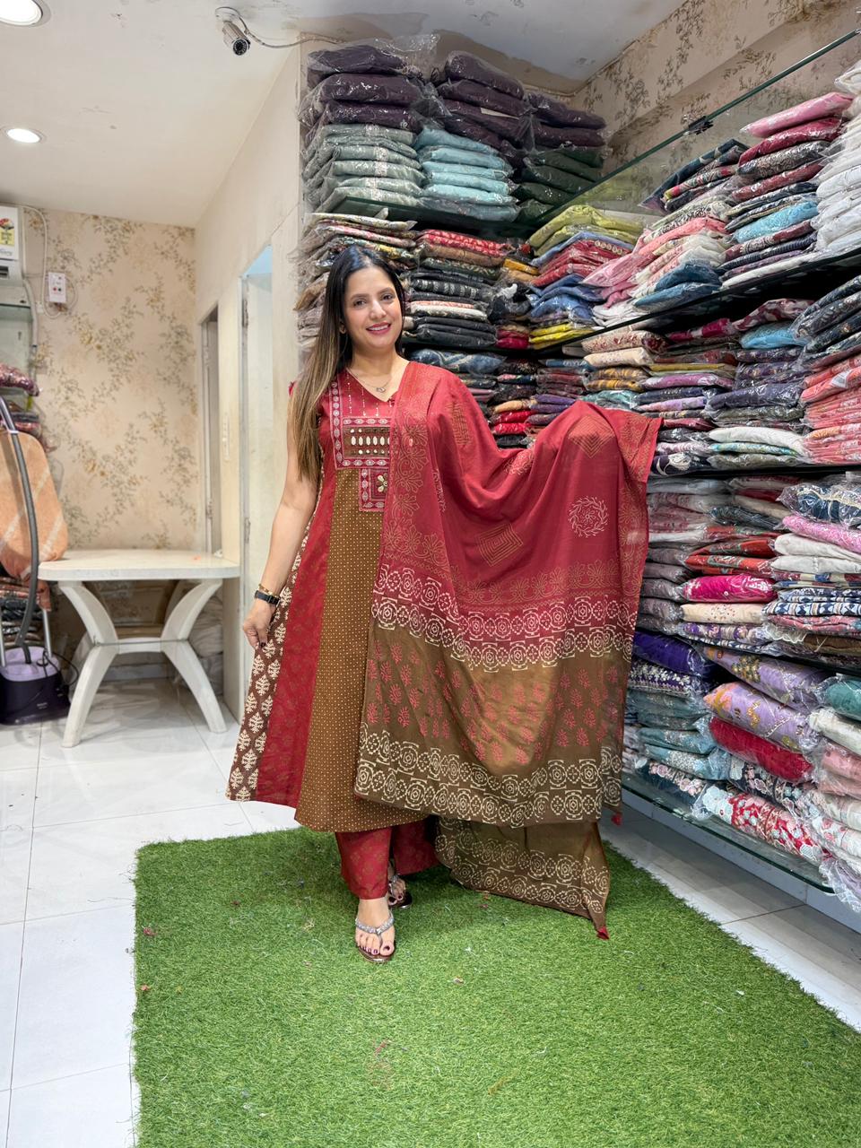 Pure Cotton Kutch INSPIRED Brown A-LINE 3 PC SET
