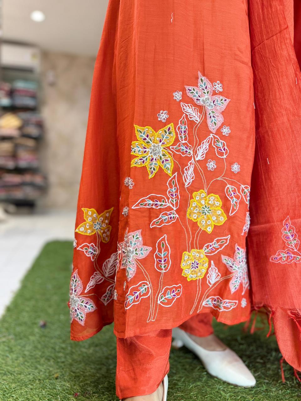 Pure Banaras Mull Chanderi Rust Orange 3pc Set