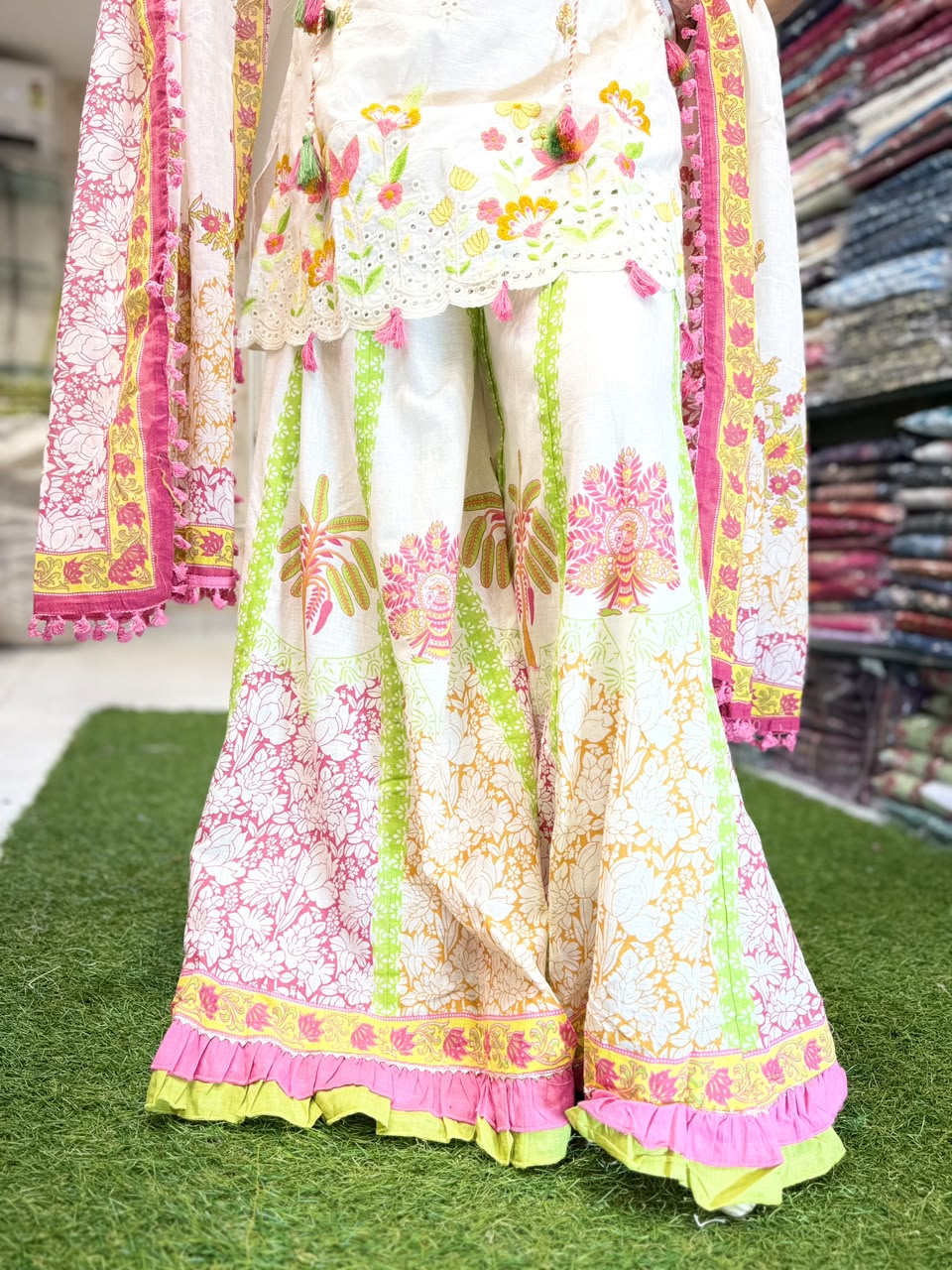 Pure Cotton Off-White & Green Sharara 3pc Set