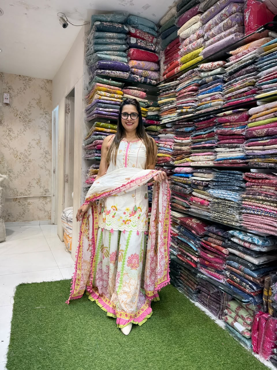 Pure Cotton Off-White & Green Sharara 3pc Set