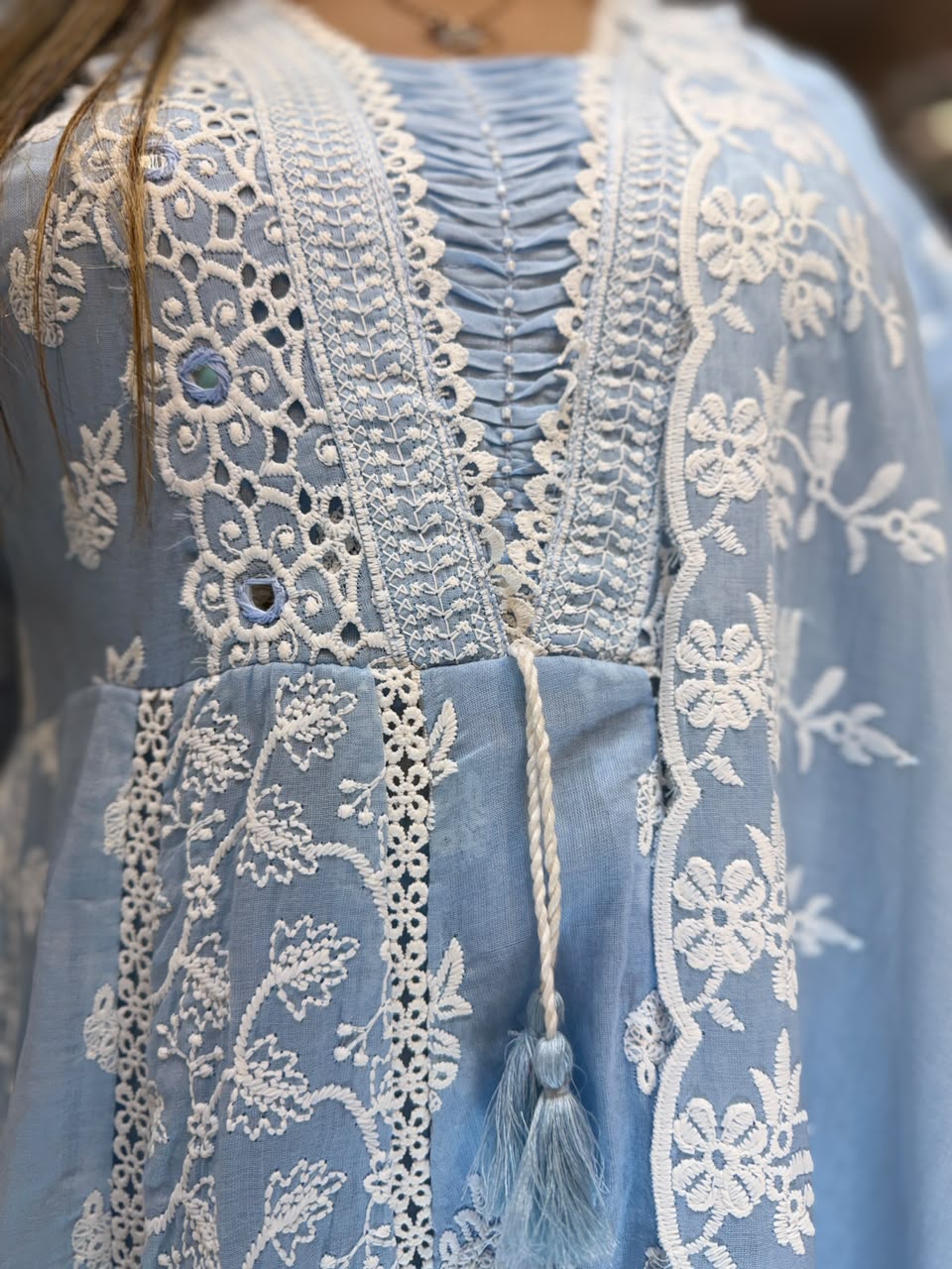 Pure Mull Cotton Sky Blue Shoulder Anarkali 3pc Set
