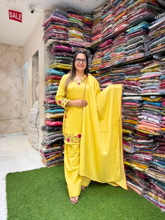 Pure Slub Cotton Farsi Salwar Yellow 3pc Set