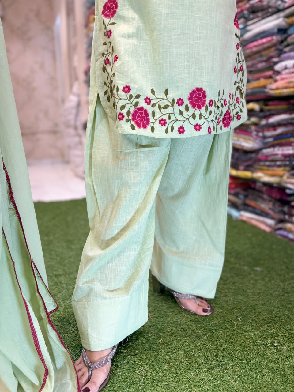 Pure Slub Cotton Farsi Salwar Pista Green 3pc Set