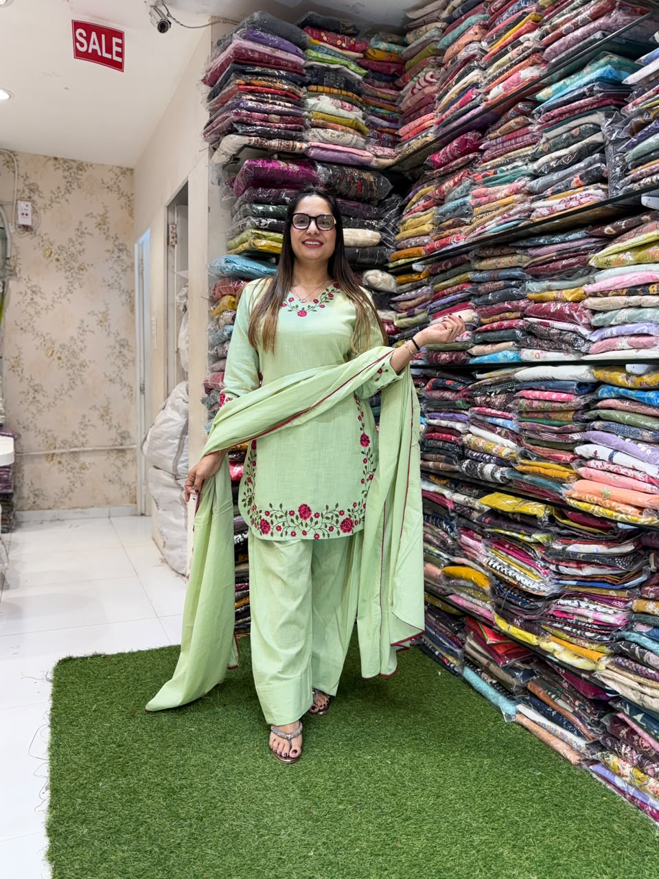 Pure Slub Cotton Farsi Salwar Pista Green 3pc Set