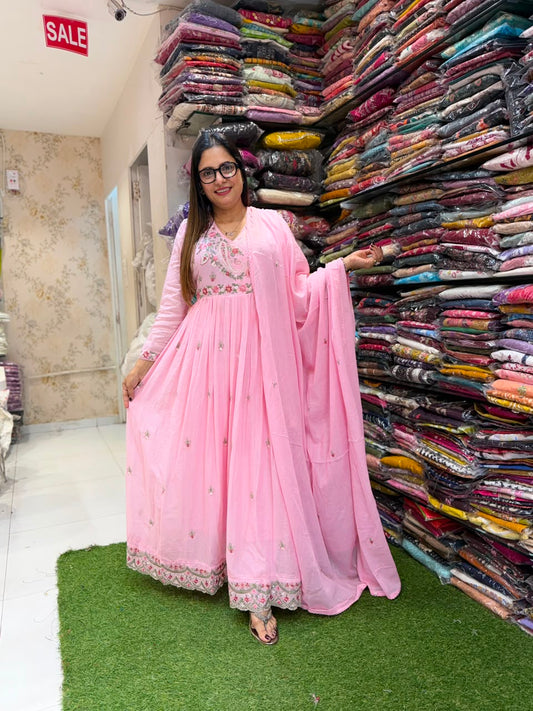 Pure Mull Cotton Anarkali Baby Pink 3pc Set