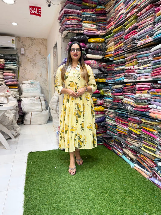 Pure Cotton Off White And Yellow Midi