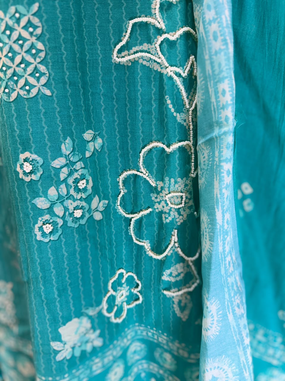 Pure Banaras Mull Chanderi Rama Green 3pc Set