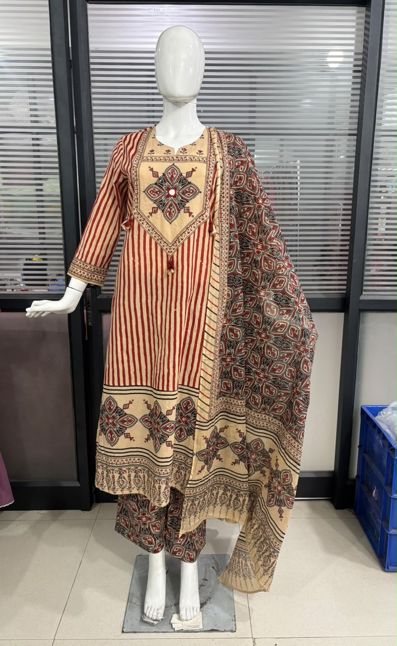 Pure Cotton Beige And Maroon 3pc Set
