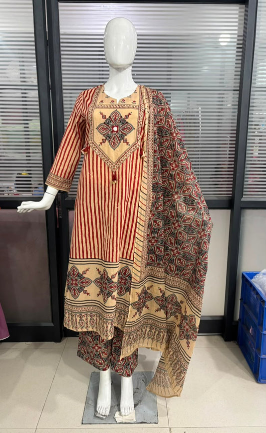 Pure Cotton Beige And Maroon 3pc Set