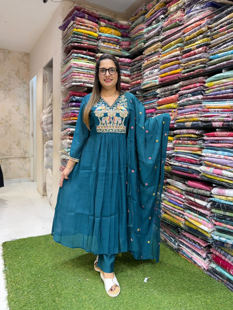 Pure Surat Mull Chanderi Peacock Green 3pc Set