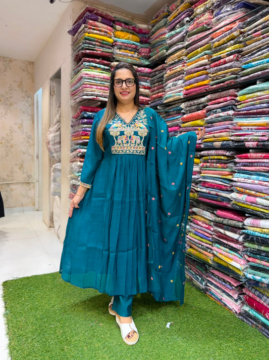 Pure Surat Mull Chanderi Peacock Green 3pc Set