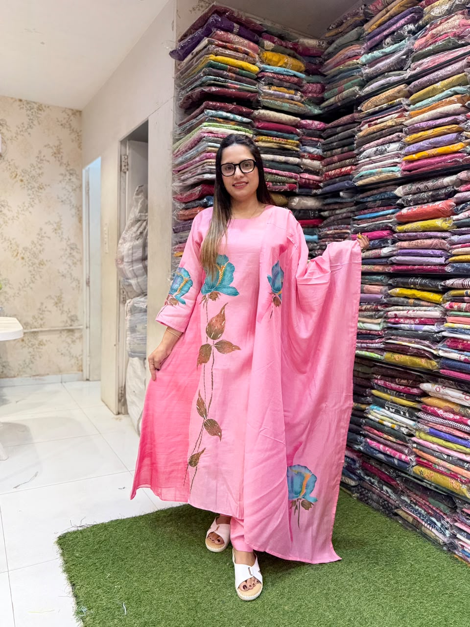 Pure Banaras Mull Chanderi Pink 3pc Set