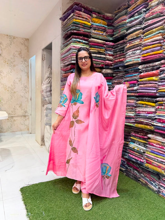 Pure Banaras Mull Chanderi Pink 3pc Set