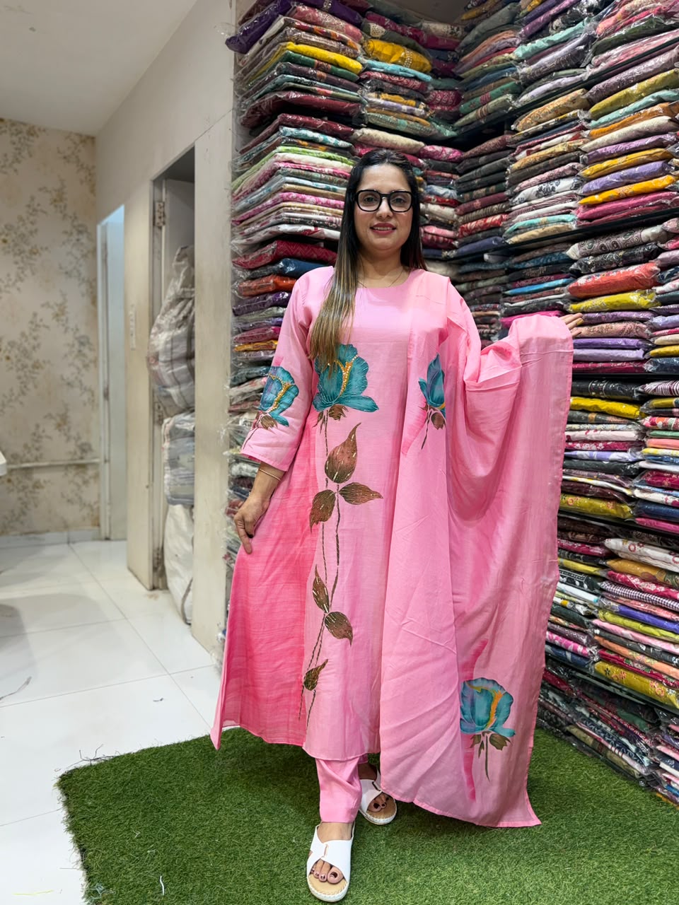 Pure Banaras Mull Chanderi Pink 3pc Set