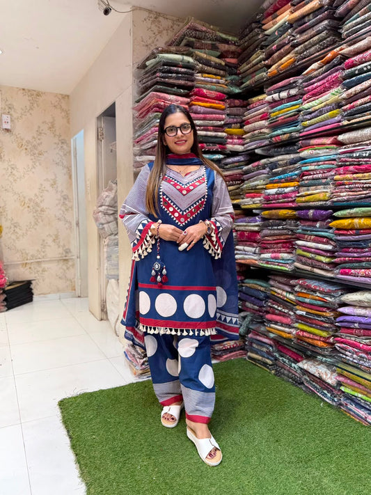 Pure Cotton Farsi Salwar Blue 3pc Set