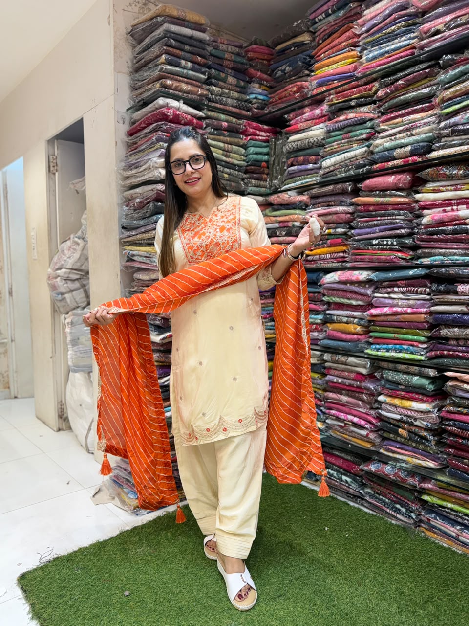 Pure Crep Farsi Salwar Orange And Ivory 3pc Set