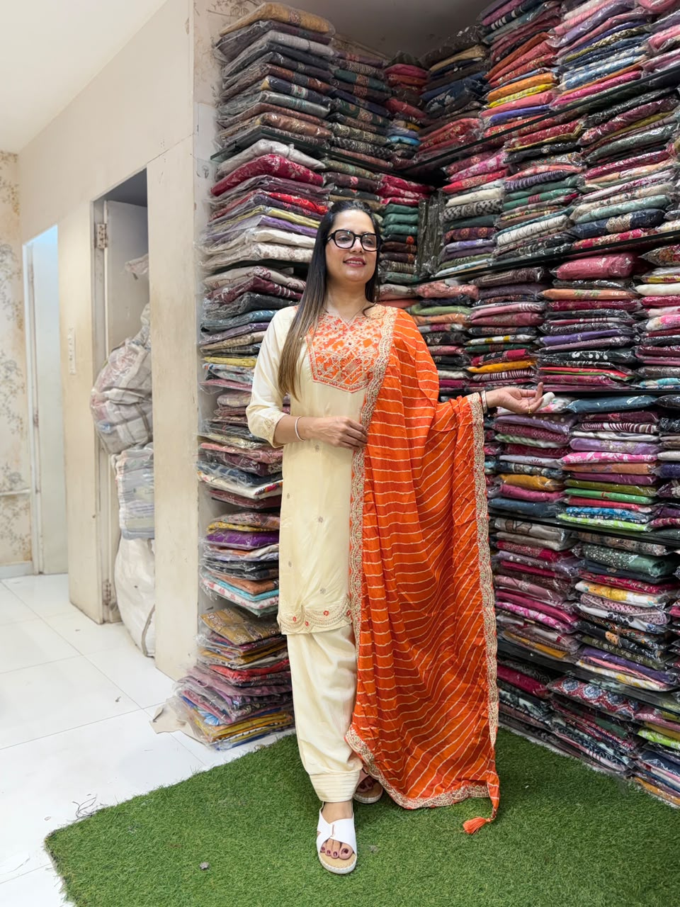 Pure Crep Farsi Salwar Orange And Ivory 3pc Set