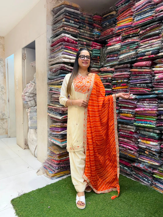 Pure Crep Farsi Salwar Orange And Ivory 3pc Set