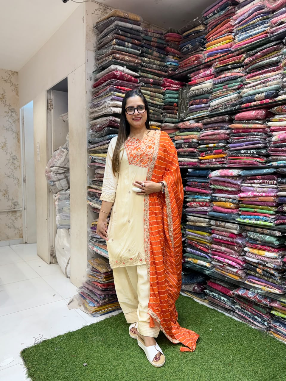 Pure Crep Farsi Salwar Orange And Ivory 3pc Set