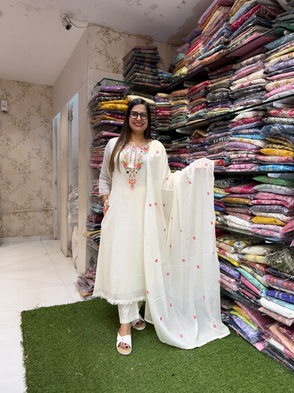 Pure Mull Cotton Anarkali Ivory 3pc Set