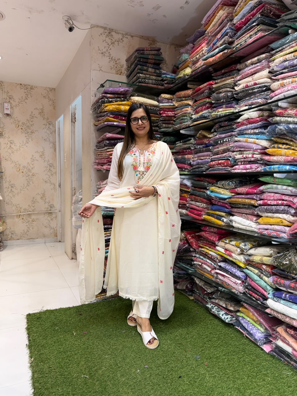 Pure Mull Cotton Anarkali Ivory 3pc Set