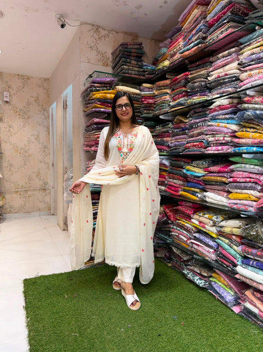 Pure Mull Cotton Anarkali Ivory 3pc Set