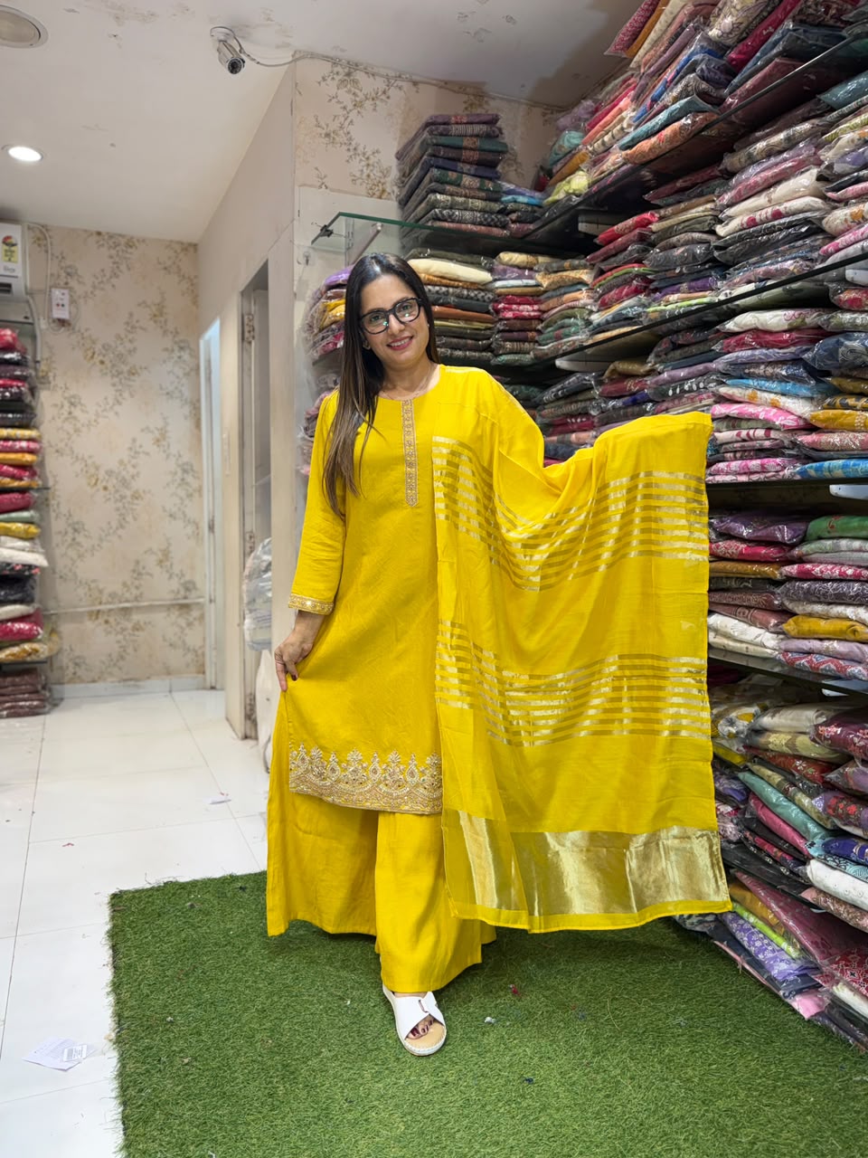 Pure Surat Mull Chanderi Yellow 3pc Set