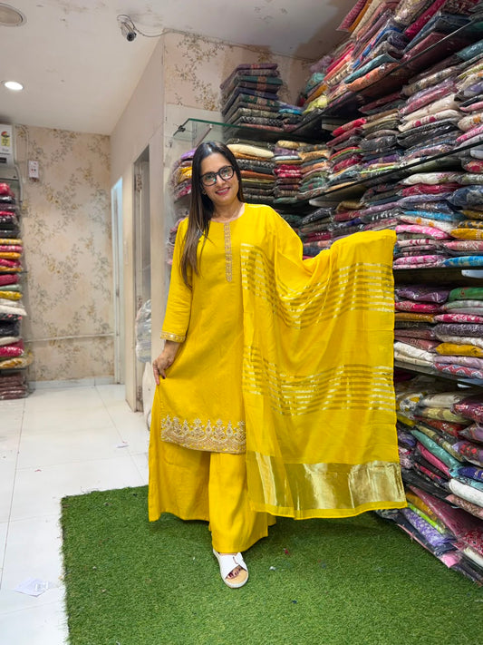 Pure Surat Mull Chanderi Yellow 3pc Set
