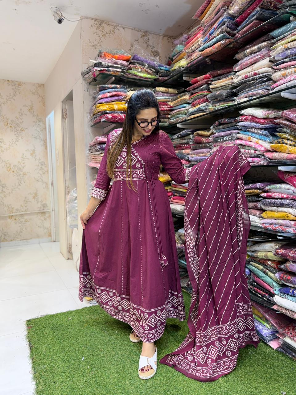 Pure Cotton Wine Anarkali 3pc Set