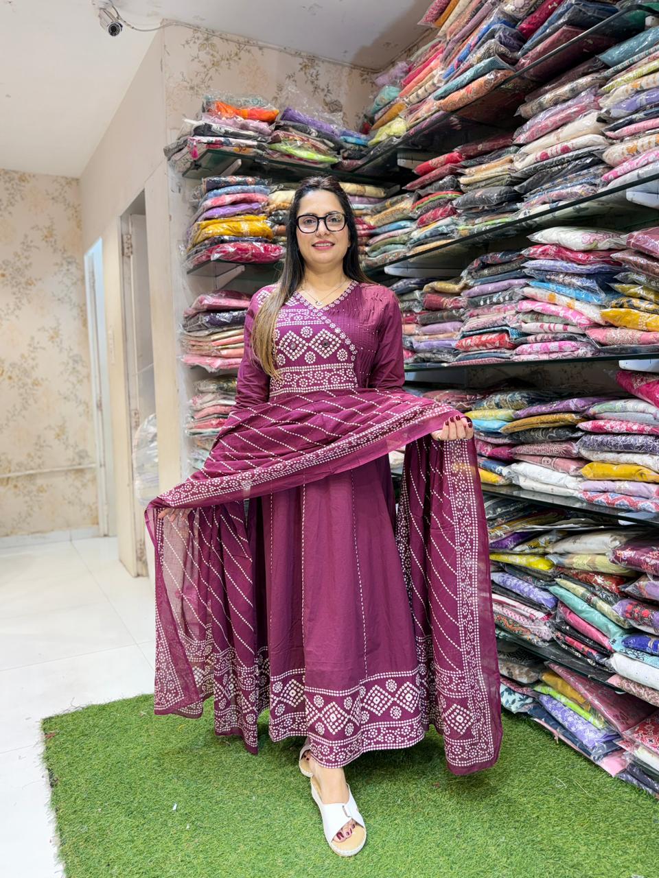 Pure Cotton Wine Anarkali 3pc Set