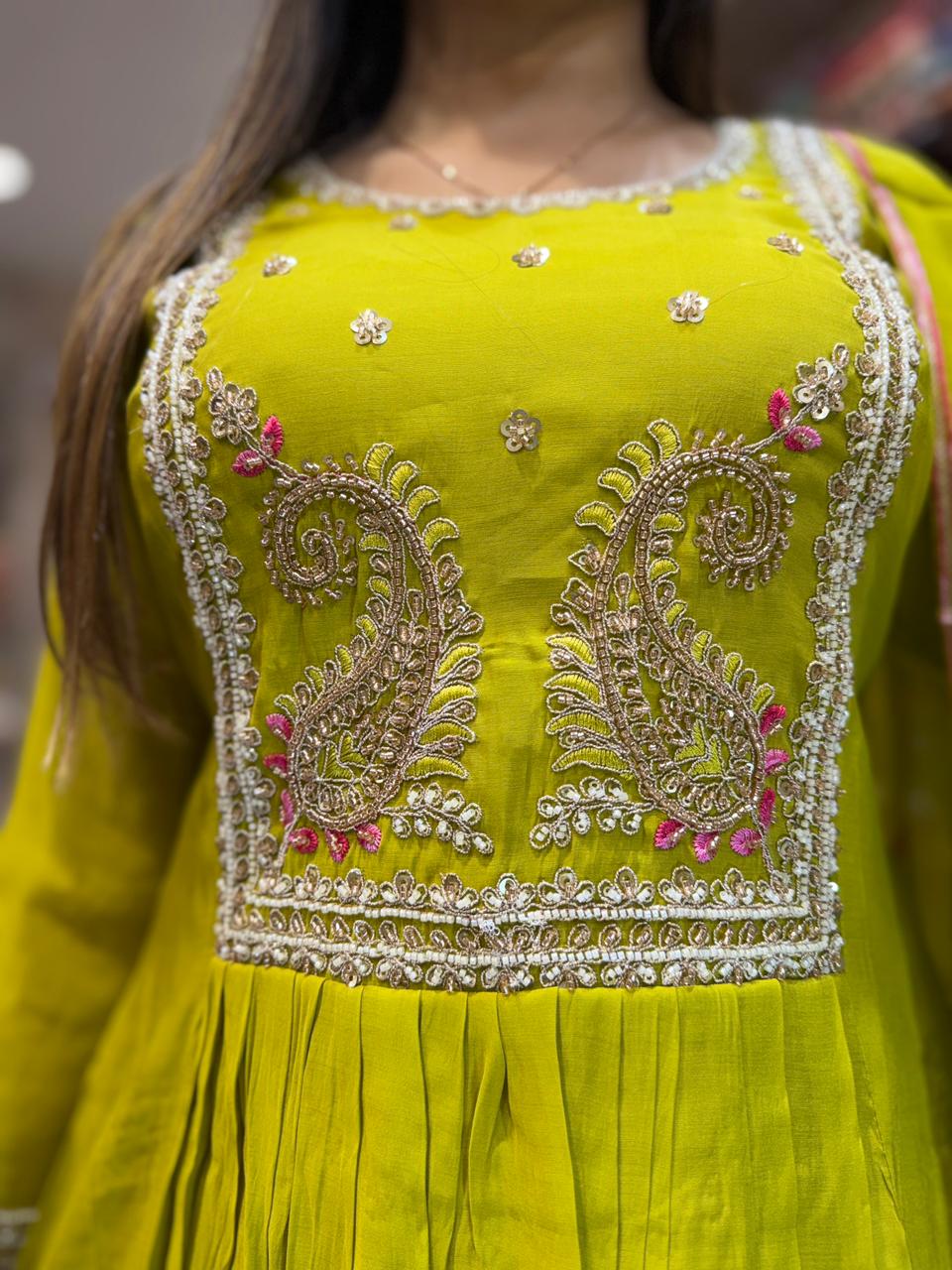 Pure Surat Mull Chanderi Lime Green 3pc Set