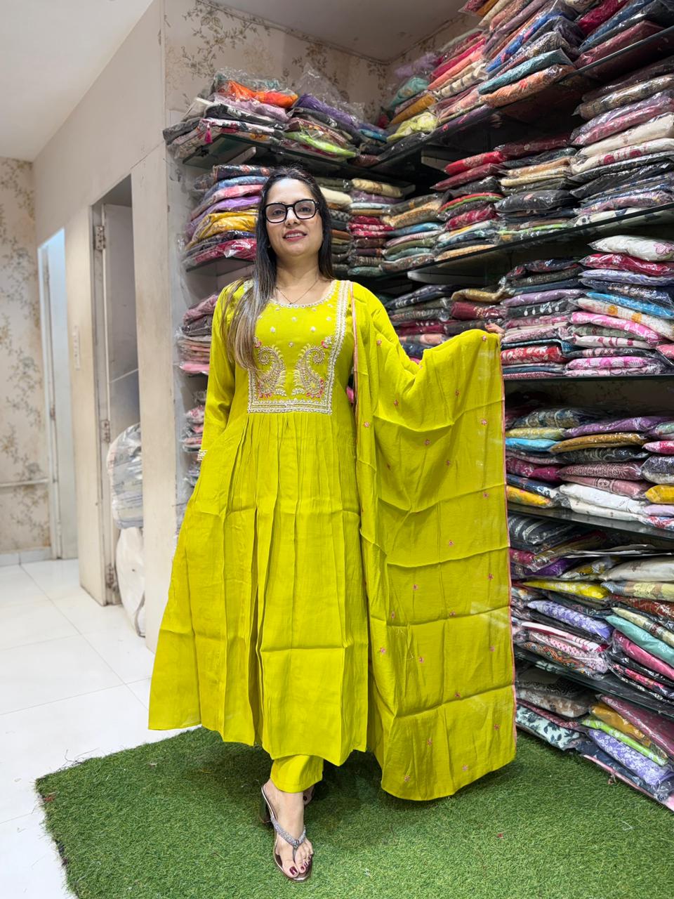 Pure Surat Mull Chanderi Lime Green 3pc Set