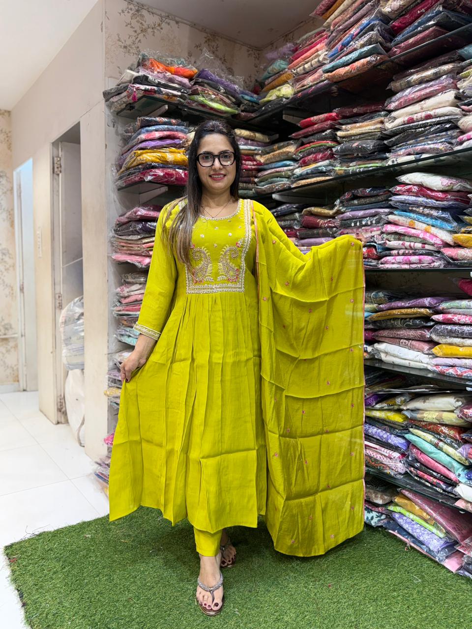Pure Surat Mull Chanderi Lime Green 3pc Set