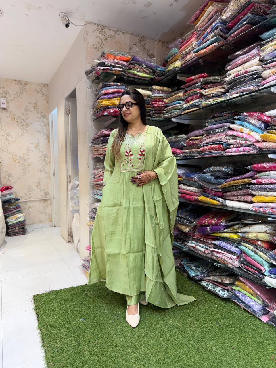 Pure Surat Mull Chanderi Green 3pc Set