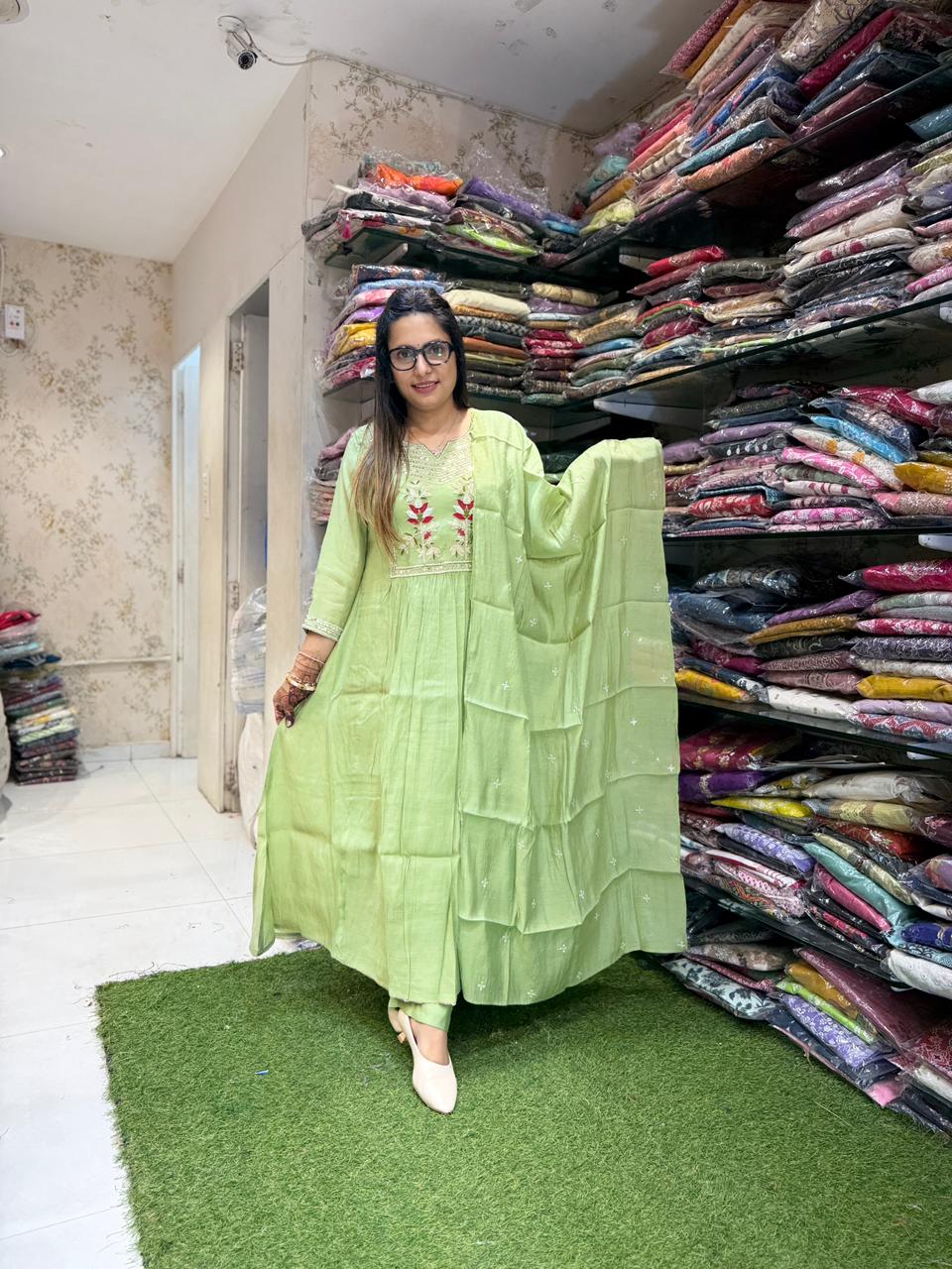 Pure Surat Mull Chanderi Green 3pc Set
