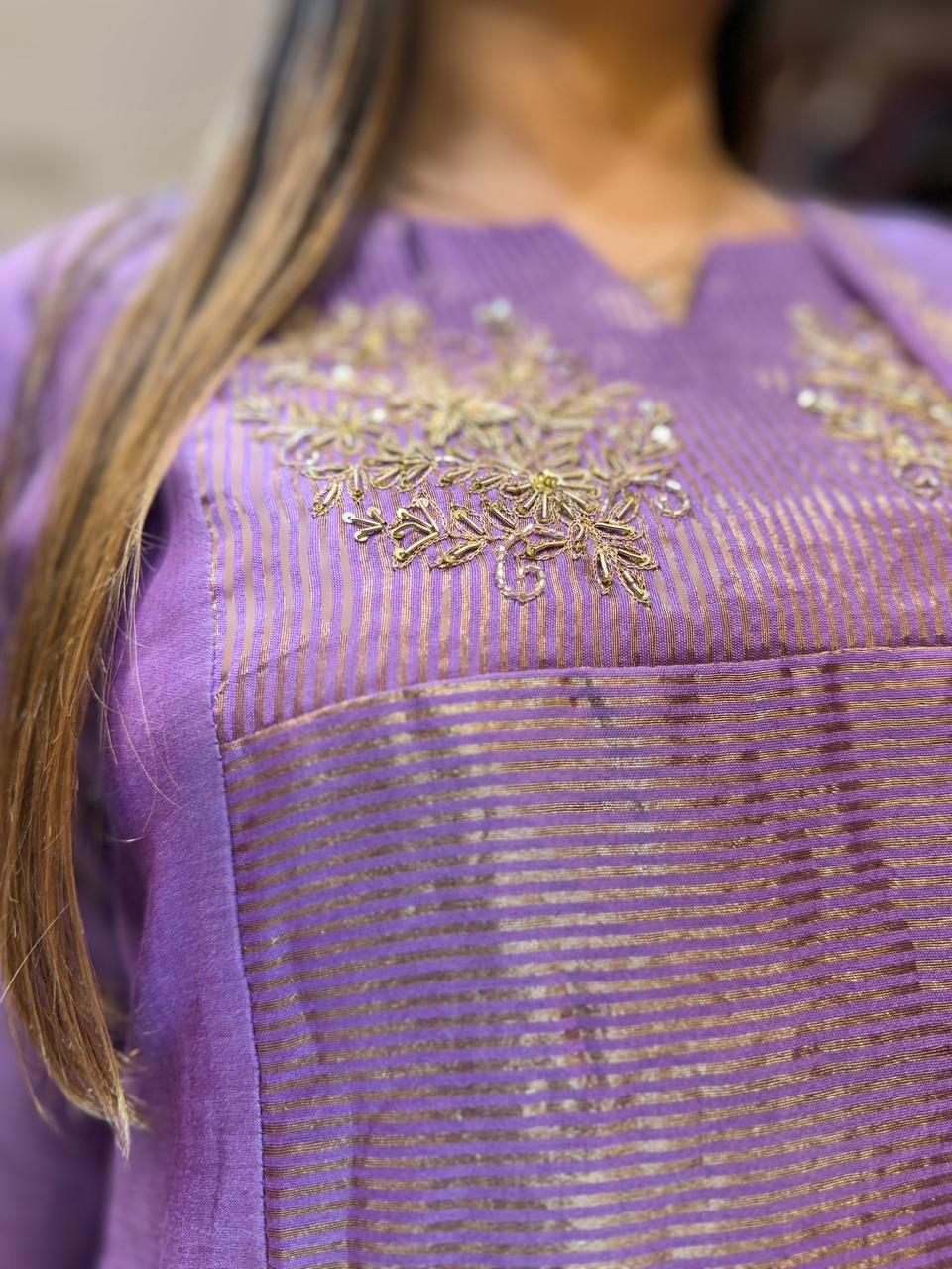 Pure Banaras Mull Chanderi Purple 3pc Set