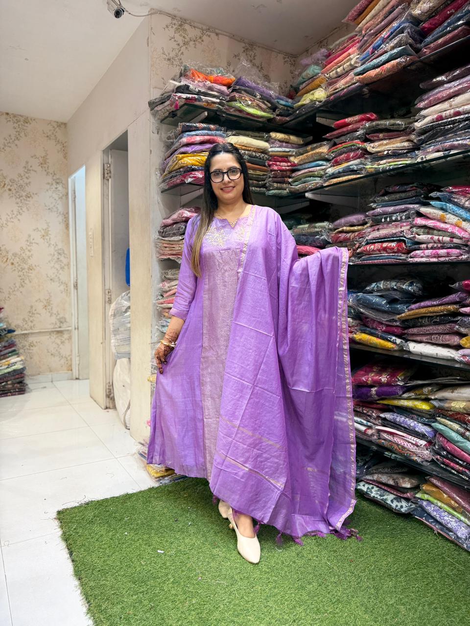 Pure Banaras Mull Chanderi Purple 3pc Set