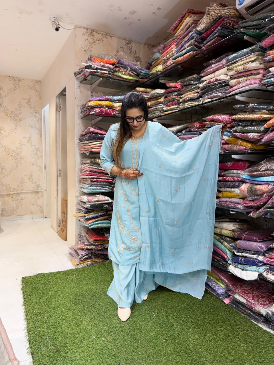 Pure Malai Silk Sky Blue 3pc Set